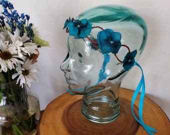 Dark Teal Flower Crown, Aqua Flower Headband, Boho Teal Flower Tiara, Dark Teal Floral Headpiece, Mermaid Flower Tiara, Teal Floral Headband