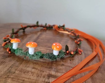 Ready to Ship - Orange Mushroom Vine Crown with Moss  Forest Fairy Headband, Mushroom Vine Tiara, Whimsical Amanita Toadstool Mushroom hat