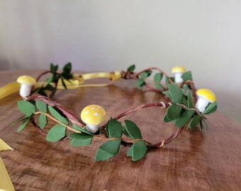 Ready to Ship - Yellow Mushroom Vine Crown with Moss, Forest Fairy Headband, Mushroom Vine Tiara, Whimsical Amanita Toadstool Mushroom hat