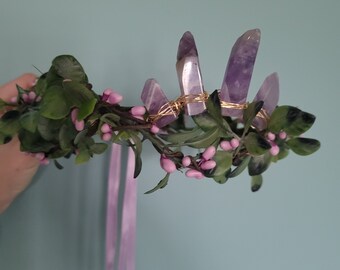 Amethyst Crystal + Spring Greenery Flower Crown, Spring Crystal Crown, Purple and Green Fairy Crown, Spring Fairy Headpiece, Amethyst Crown