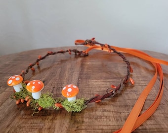 Ready to Ship - Orange Mushroom Vine Crown with Moss  Forest Fairy Headband, Mushroom Vine Tiara, Whimsical Amanita Toadstool Mushroom hat