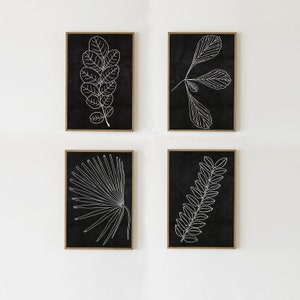 Botanical Print Set of 4 DIGITAL DOWNLOADABLE Prints: Botanical Posters, Printable Art Print Set of 4, Black And White Prints Black Wall Art image 1