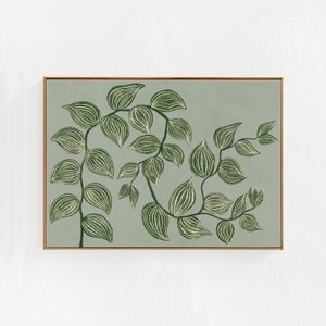 Vine plant painting: Sage green wall art printable, horizontal downloadable print for living room bedroom dorm. Cottagecore home decor 36x24
