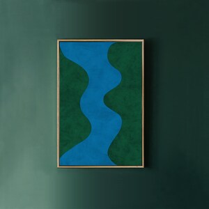 blue and green abstract painting printable art, large format abstract curved shapes artwork. digital downloadable poster for budget friendly home decor, apartment living room refreshment, interior styling property staging