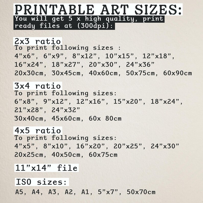 K&ouml;nnte beinhalten: Wei&szlig;er Hintergrund mit Text, der druckbare Kunstgr&ouml;&szlig;en detailliert. Der Text enth&auml;lt Verh&auml;ltnisse wie 2x3, 3x4 und 4x5, mit entsprechenden Zoll- und Zentimeterma&szlig;en. Au&szlig;erdem werden ISO-Gr&ouml;&szlig;en und Dateiinformationen aufgef&uuml;hrt.