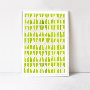 May include: A framed print with a geometric pattern of green circles and semi-circles on a white background.