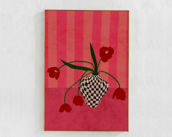 Contemporary, eclectic wall decor in Berry Pink tones DOWNLOADABLE ART Print, Tulips in a Checkered Vase Printable Art Floral Digital Print