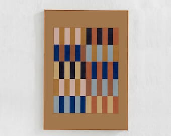 Downloadable Print: Geometric Grid, Brown, Blue, Orange Stripes, Printable Art for Apartment Decor.  Abstract Download Print Poster