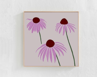 Coneflower Painting Printable Wall Art: Square 30"x30" Floral Downloadable Art Print, Pink Flowers Artwork, DIY Print, Boho Home Decor