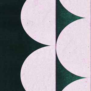 May include: Abstract geometric design with three overlapping circles in a light pink color against a dark green background.