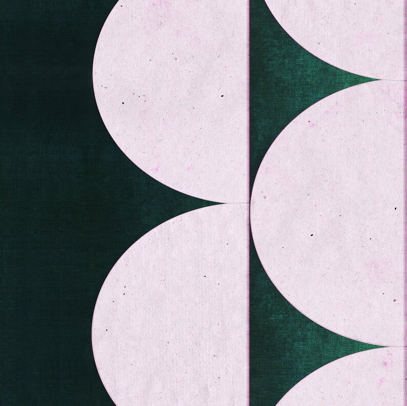 May include: Abstract geometric design with three overlapping circles in a light pink color against a dark green background.