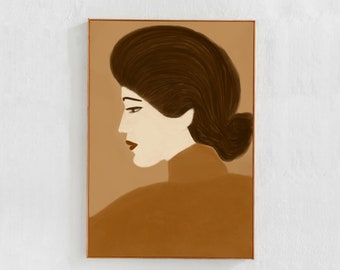 Woman portrait painting, abstract people printable art: Brown, earth tones wall art, digital downloadable art print poster, brown home decor