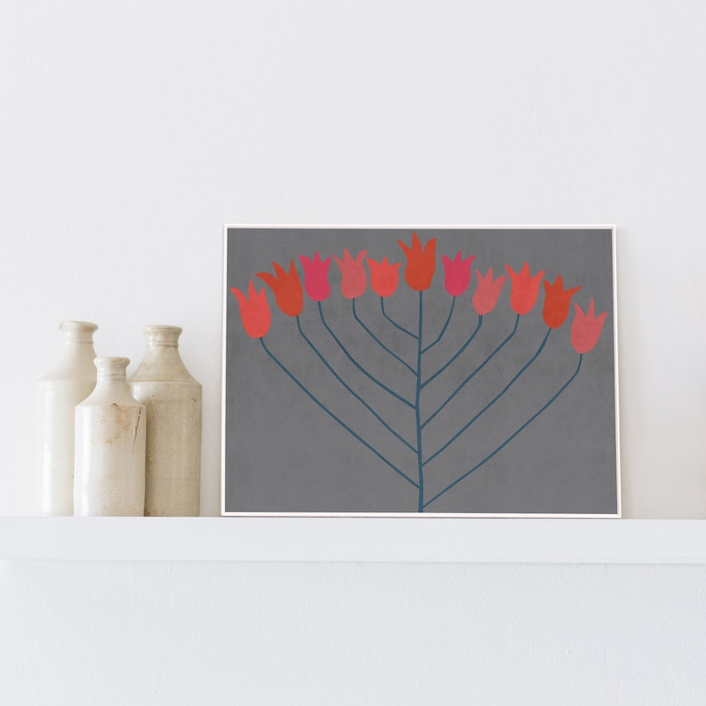 wall art Grey Red and pink downloadable art print Abstract Flower: Scandi Modern Poster Floral Printable Art Modern Boho Decor Boho Art