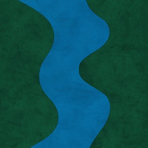 blue and green abstract painting printable art, large format abstract curved shapes artwork. digital downloadable poster for budget friendly home decor, apartment living room refreshment, interior styling property staging