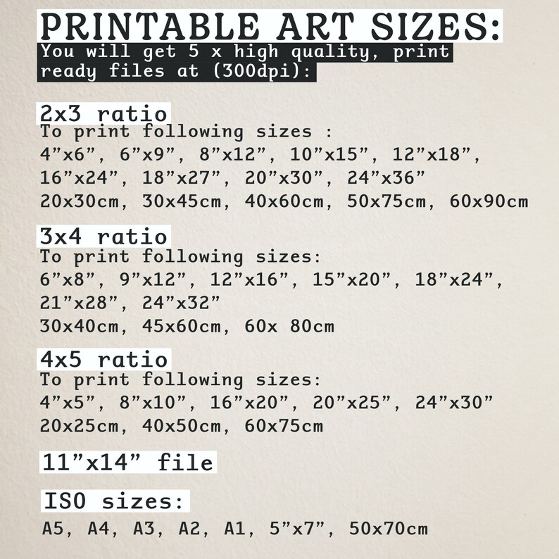 May include: Printable art sizes chart with different aspect ratios and corresponding dimensions in inches and centimeters. The chart includes 2x3, 3x4, 4x5 ratios, and 11"x14" file size. It also lists ISO sizes: A5, A4, A3, A2, A1, 5"x7", and 50x70cm.