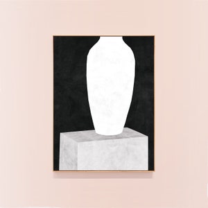 May include: A white ceramic vase sits on a white pedestal against a black background. The vase is tall and slender with a rounded base and a narrow opening.