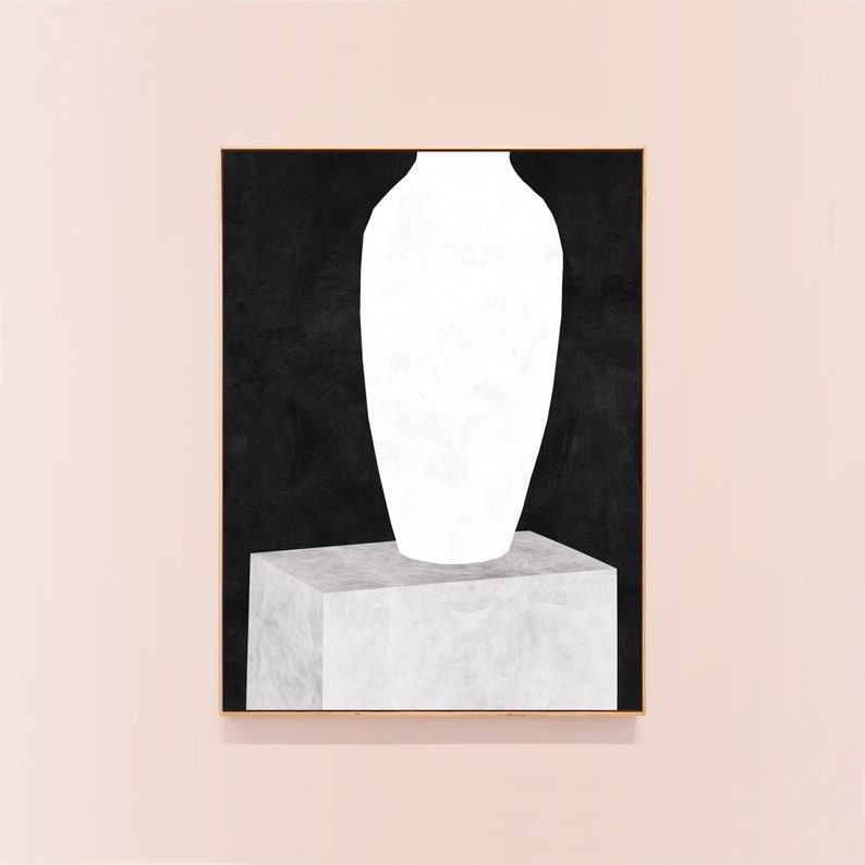 May include: A white ceramic vase sits on a white pedestal against a black background. The vase is tall and slender with a rounded base and a narrow opening.