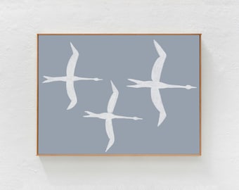 Flock of Birds: light blue wall art, large Digital Downloadable Print Wall Art. Horizontal Printable mid modern pastel home decor 24x36 A1