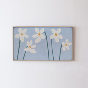 Samsung Frame TV Art- Modern floral art download for frame tv. Spring flowers , Blue digital art download, modern boho tv art at 16:9 ratio