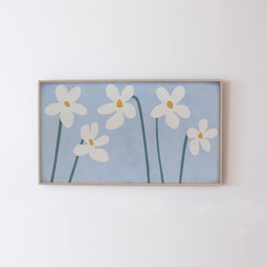 Samsung Frame TV Art - Téléchargement d'oeuvres d'art florales modernes pour votre téléviseur. Fleurs de printemps, téléchargement d'art numérique bleu, art tv bohème moderne au rapport 16:9