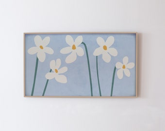 Samsung Frame TV Art- Modern floral art download for frame tv. Spring flowers , Blue digital art download, modern boho tv art at 16:9 ratio