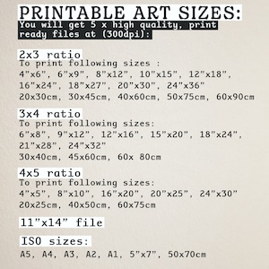 May include: Printable art sizes chart with different aspect ratios and corresponding dimensions in inches and centimetres. The chart includes 2x3, 3x4, 4x5 ratios, and 11"x14" file size. It also lists ISO sizes: A5, A4, A3, A2, A1, 5"x7", and 50x70cm.