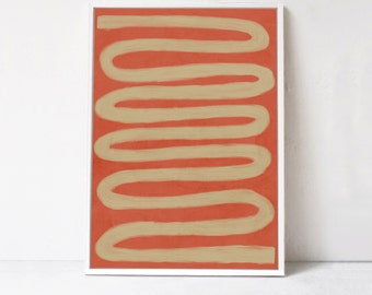 ART IMPRIMABLE abstrait rouge et beige : coup de pinceau abstrait, affiche de ligne courbe, décor de mur rouge, impression téléchargeable abstraite squiggly 24x36