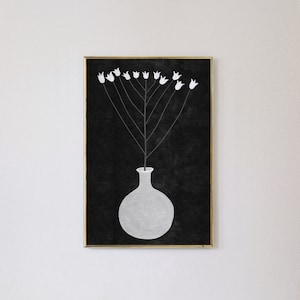 May include: A black and white illustration of a vase with white flowers on a black background.