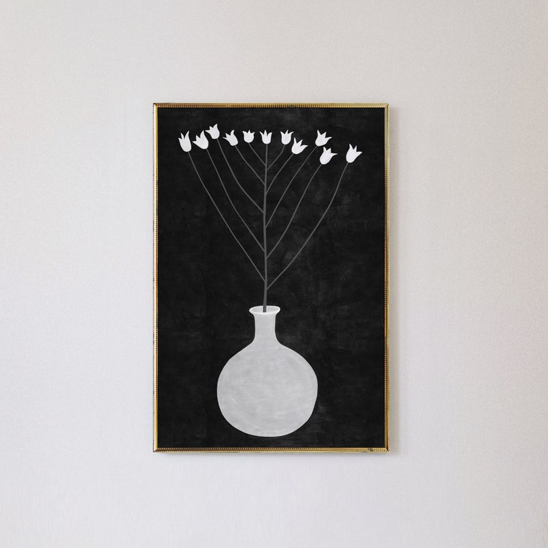May include: A black and white illustration of a vase with white flowers on a black background.