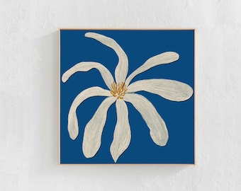 Abstrakte weiße Blumen Malerei, blaues Wandbild, Poster zum Download. Floral herunterladbare Kunst Wand für Wohnzimmer oder Schlafzimmer 30x30