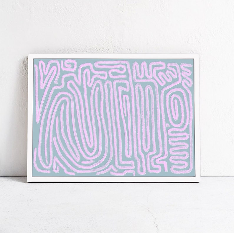 May include: Abstract art print with a white frame. The print features a light blue background with a pink abstract pattern of lines and swirls.