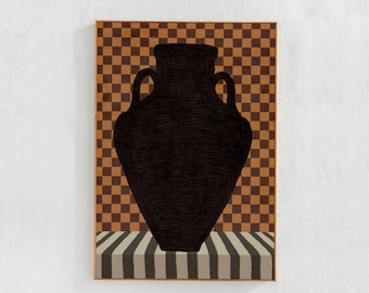 Eclectic contemporary Digital downloadable art print, Vase checkered painting, printable art poster, living room decor in earth tones 24x36