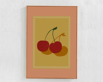 Retro Cherries Printable Poster: Digital downloadable, aesthetic art print, eclectic cherry painting in pastel colors