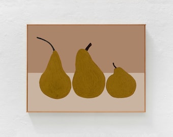 Three Pears: Still Life Painting, Yellow and Beige Printable Art, Gallery Wall Downloadable Print for Kitchen or Dining Room