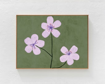 Green and lilac, floral wall art for living room bedroom dorm. Horizontal printable painting Eclectic Scandinavian downloadable art print A1