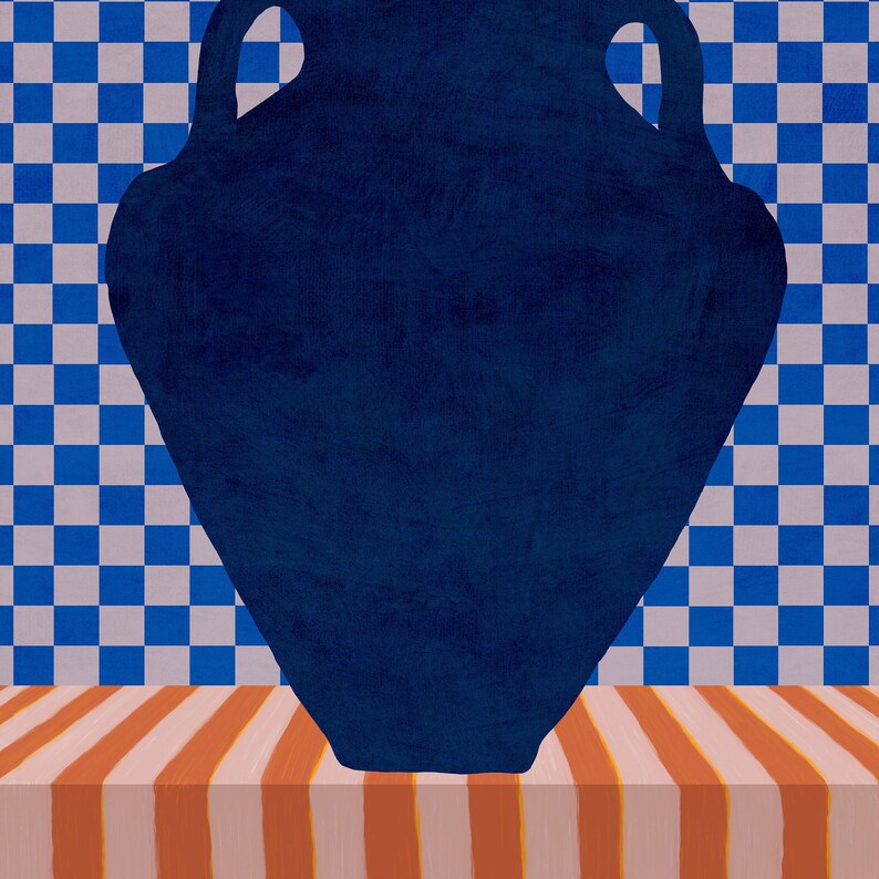 Blue vase on striped table illustration printable art. Blue and orange eclectic contemporary digital downloadable poster with stripes and checkered elements. Affordable interior art for living room, bedroom or dorm decor
