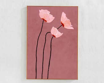 Poppy Flowers Painting Printable Art, Blush Pink Downloadable Wall Art Print, Scandi Style Cottagecore Bedroom, Dorm Living Room Decor 24x36