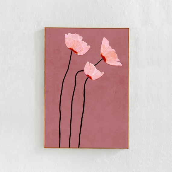 Poppy Flowers Painting Printable Art, Blush Pink Downloadable Wall Art Print, Scandi Style Cottagecore Bedroom, Dorm Living Room Decor 24x36