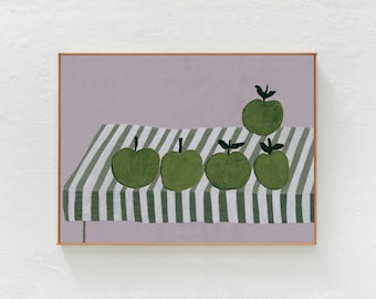 May include: A painting of six green apples on a white and green striped tablecloth. The apples are arranged in a row, with the largest apple in the center. The background is a light purple color.