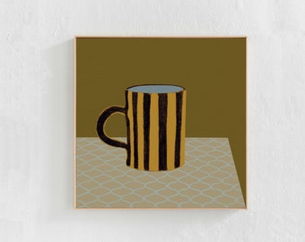 Impression d'art carrée téléchargeable, décoration murale de cuisine, art imprimable éclectique moderne Scandi en brun ocre, beige et jaune. Illustration de tasse