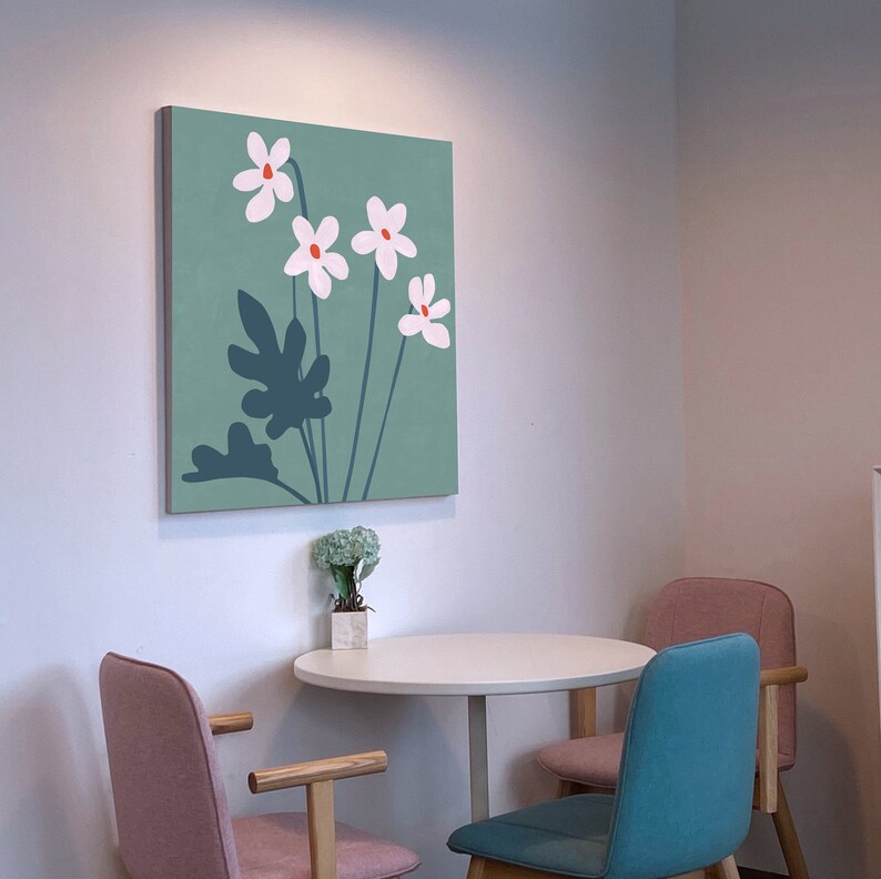 May include: A teal green canvas print with a stylized floral design featuring white flowers with orange centers and dark blue leaves.