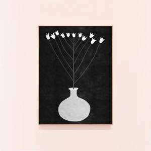 May include: A black and white illustration of a vase with white flowers on a black background.