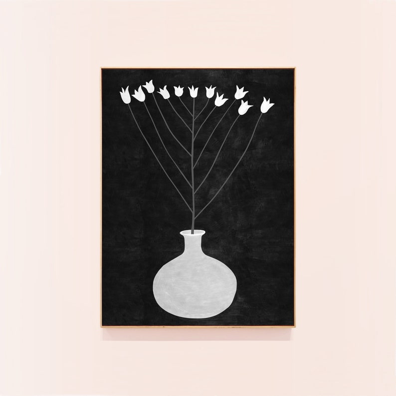 May include: A black and white illustration of a vase with white flowers on a black background.
