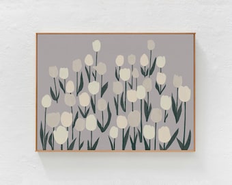 White Tulips Garden, Floral Landscape, Contemporary eclectic, neutral aesthetic wall decor. Horizontal DOWNLOADABLE ART, Grey Printable Art