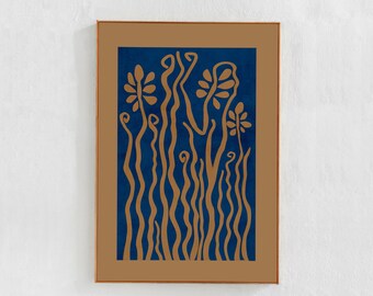 Blue and warm terracotta decor, Printable Boho Wall Art, Digital Downoadable Art Print, Eclectic, Groovy plants, Jungle Illustration