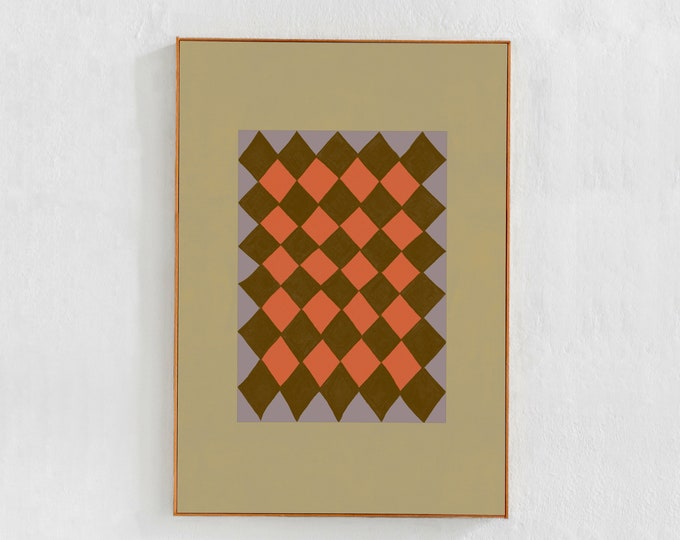 Scandi Modern Home Decor: Digital downloadable art print, Checkered painting printable art print poster, abstract beige orange brown art