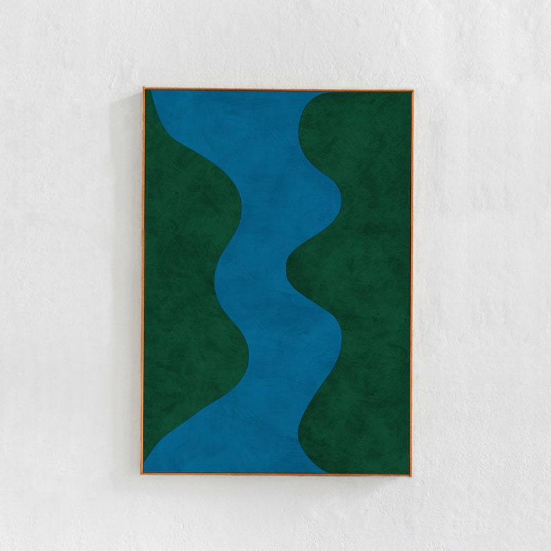blue and green abstract painting printable art, large format abstract curved shapes artwork. digital downloadable poster for budget friendly home decor, apartment living room refreshment, interior styling property staging