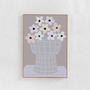 Afiche Flores en un jarrón: Lámina floral descargable. Decoración Scandi boho para dormitorio, lila y beige neutro, arte imprimible en pastel danés