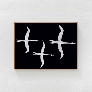 Flock of Birds: Black and white wall art, large Digital Downloadable Art Print, Horizontal Printable Art mid century modern decor 24x36 A1