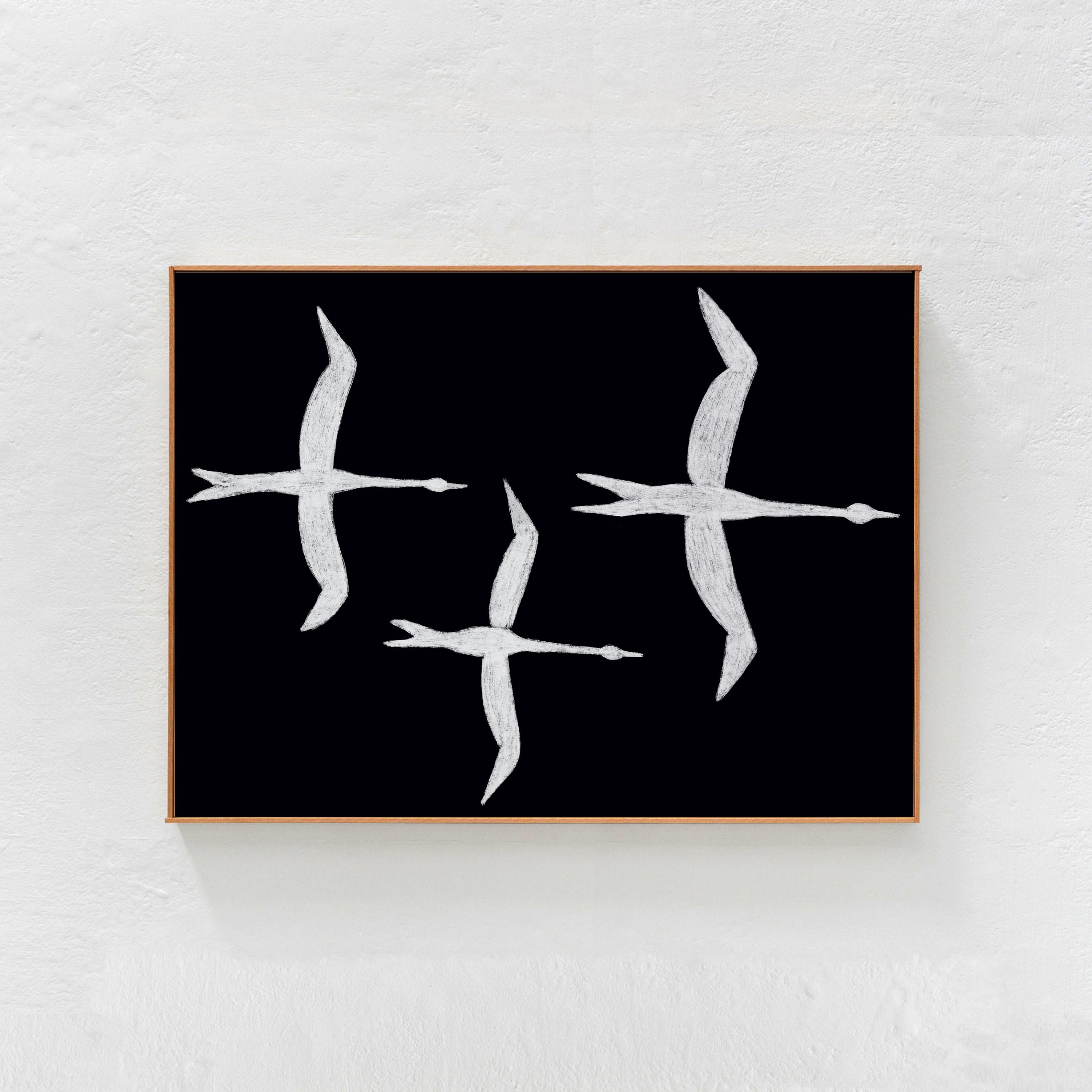 Flock of Birds: Black and white wall art, large Digital Downloadable Art Print, Horizontal Printable Art mid century modern decor 24x36 A1